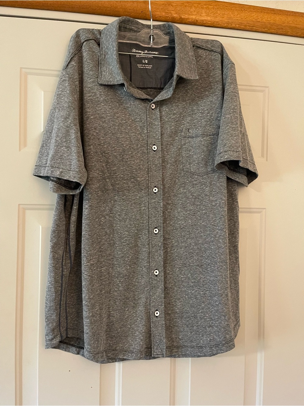 Tommy Bahama IslandZone Mens L Gray Solid Knit Pocket Button Up Short Sleeve
